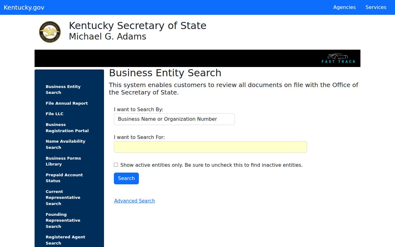 Kentucky Secretary of State entity search for Florence business names