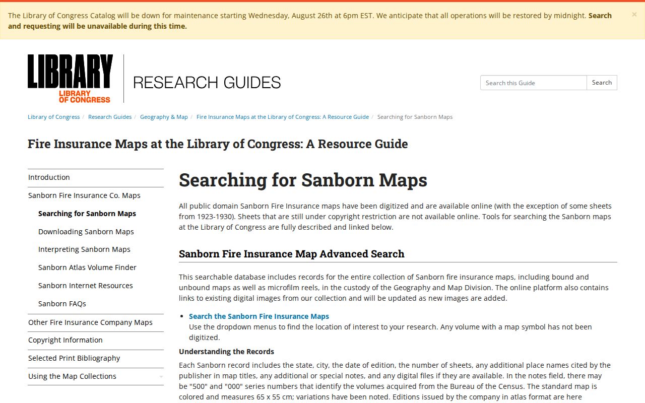 Library of Congress guidance for searching Sanborn fire insurance maps